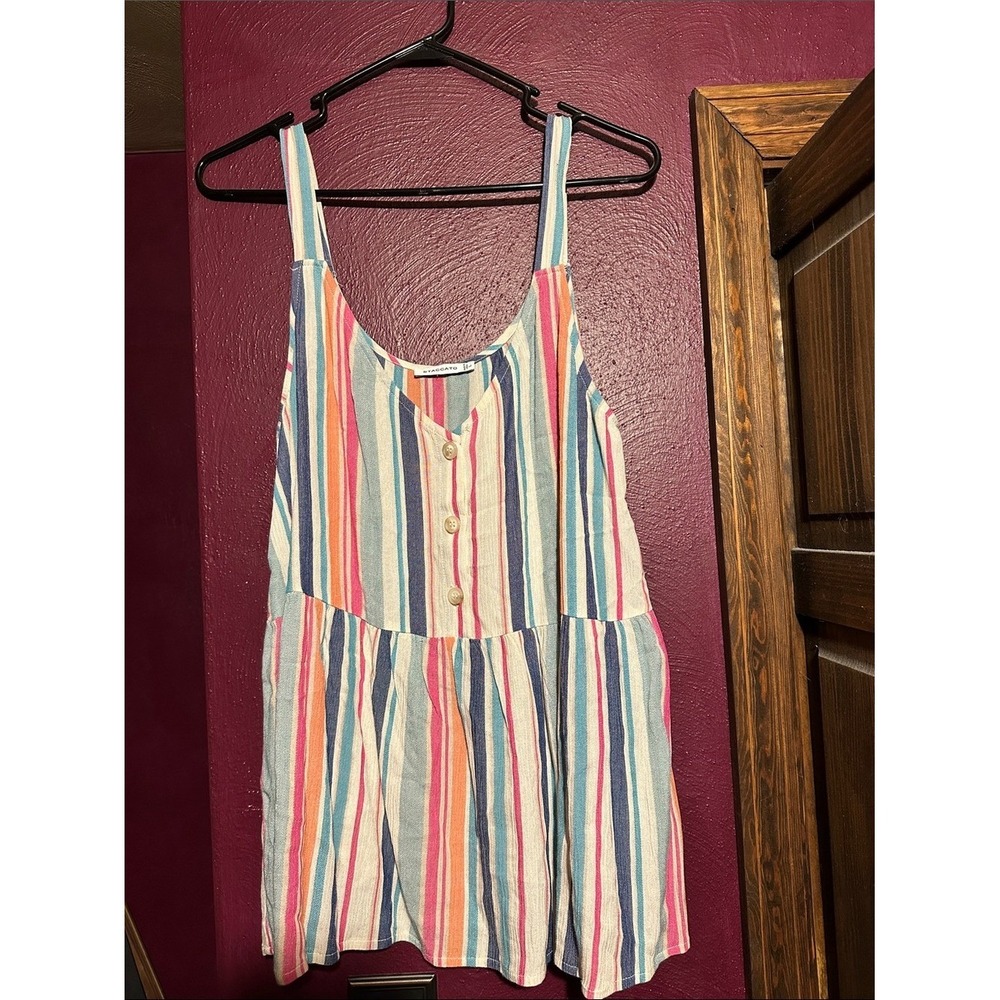 Staccato Womens Large‎ Multi Color Striped Button Front Babydoll Tank Top V-Neck